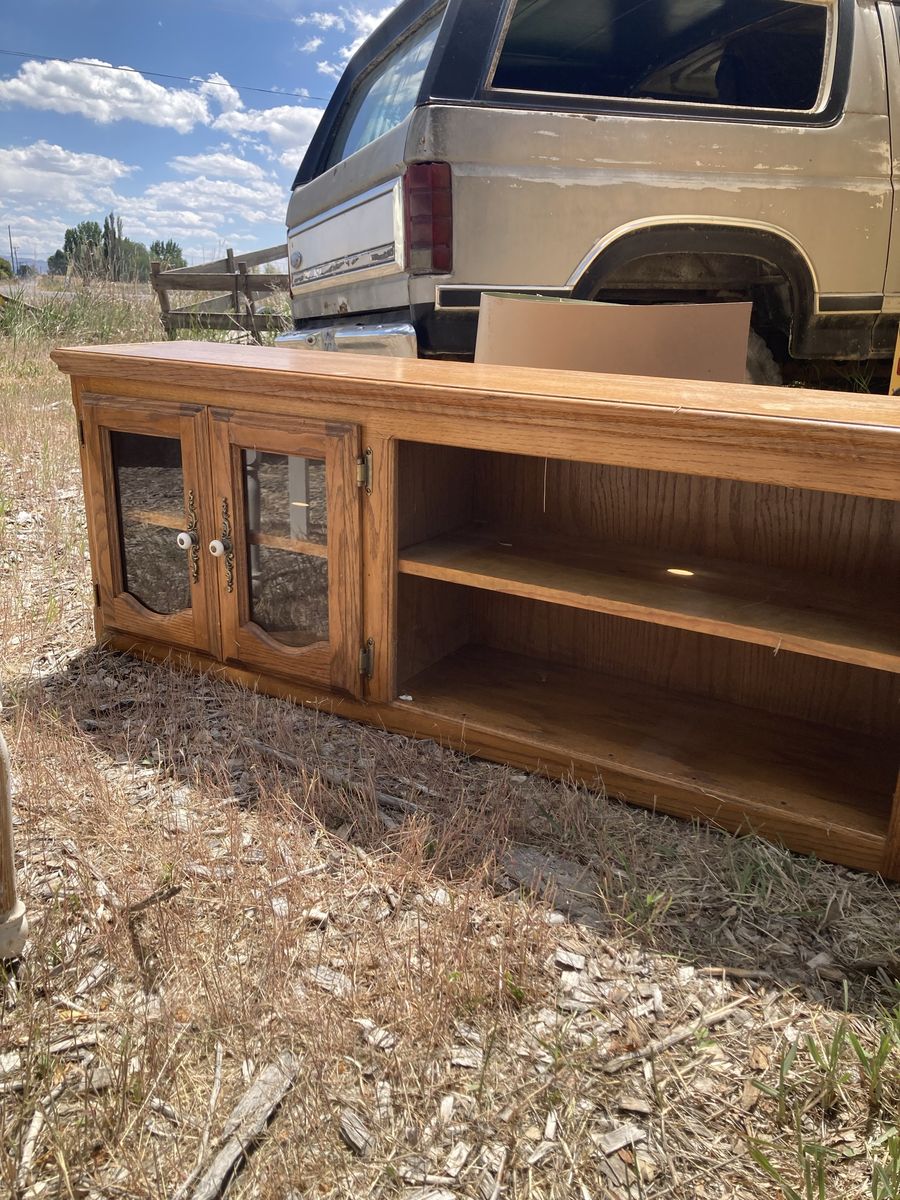 Oak Finish Media Console TV Stand with Glass Doors and Shelving