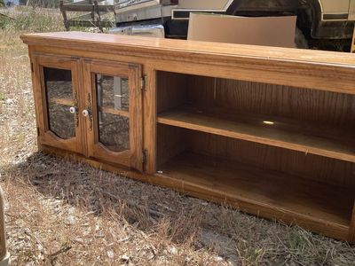 Oak Finish Media Console TV Stand with Glass Doors and Shelving