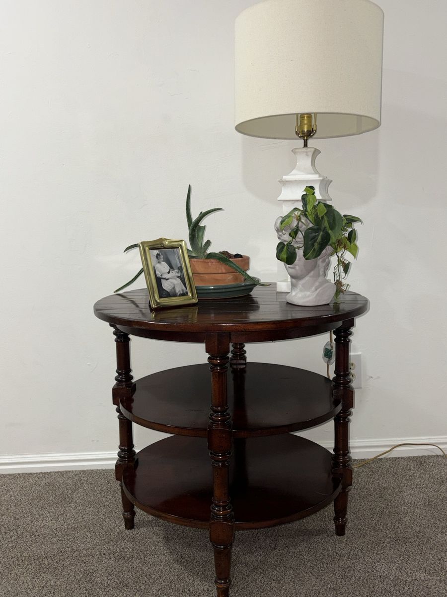 Vintage Round Wooden 3-Tier Side Table - Dark Wood Accent End Table