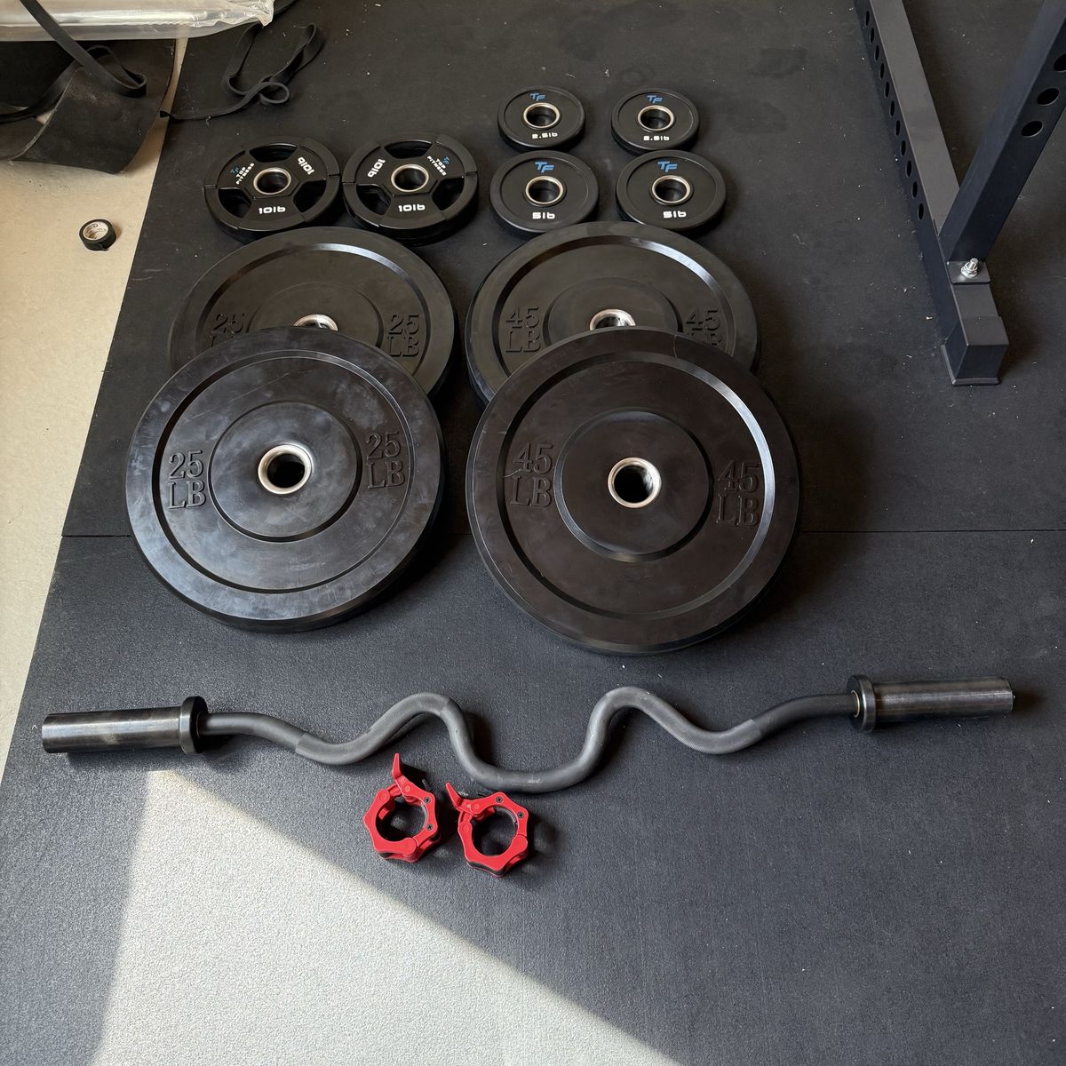 Olympic Bumper Plate Set + EZ Curl Bar + Locking Collars