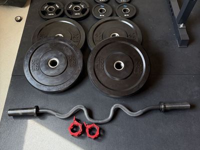 Olympic Bumper Plate Set + EZ Curl Bar + Locking Collars