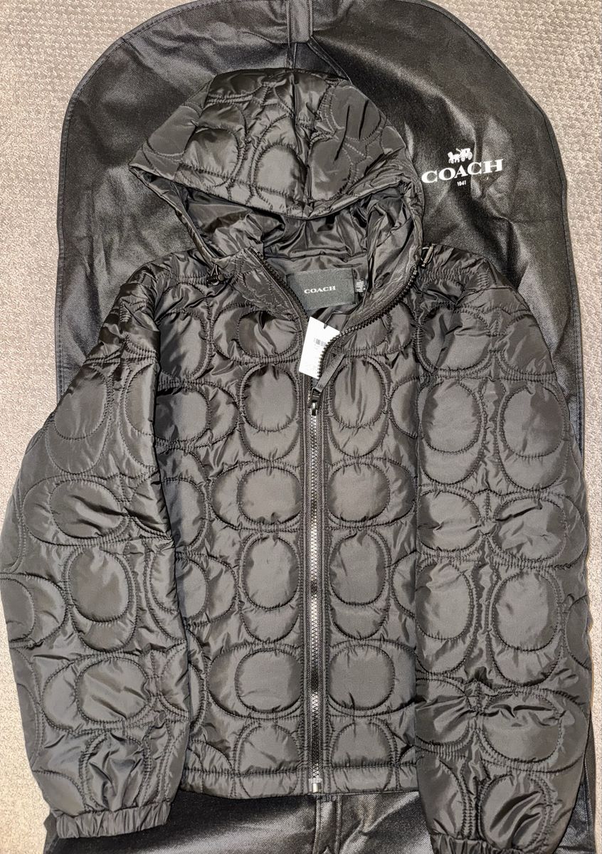 Coach Embossed Signature C Puffer Jacket Black Size S Hooded Quilted MSRP $488.00 NEW- Selling for $300.00