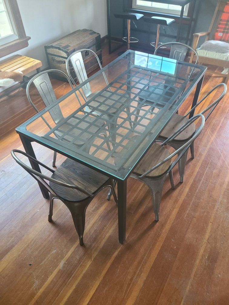 Industrial Style Glass Top Dining Table with 6 Metal Chairs - Black Frame, Wood/Metal Seating