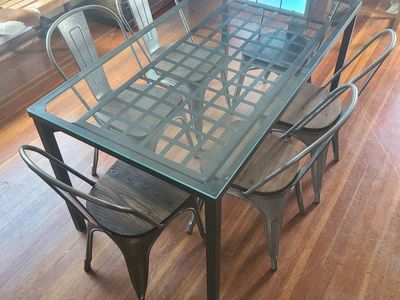 Industrial Style Glass Top Dining Table with 6 Metal Chairs - Black Frame, Wood/Metal Seating
