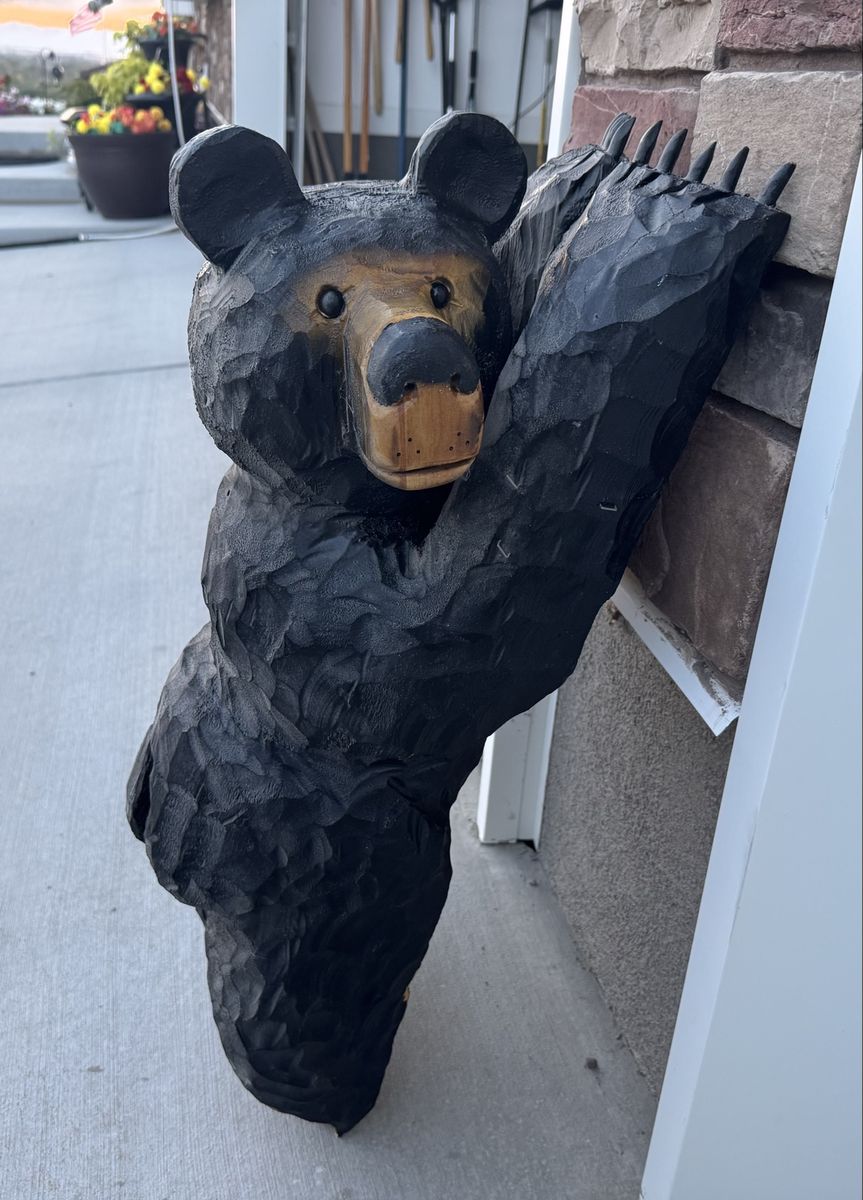 Hand-Carved Wooden Black Bear Statue Chainsaw Carving 32”