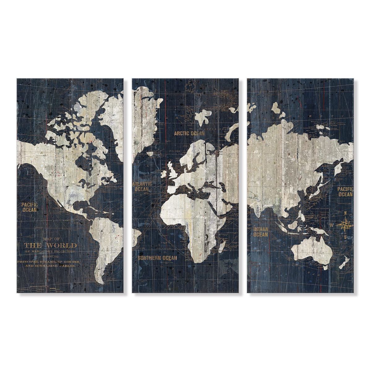 New- The World Map Blue Triptych Canvas Wall Art Set - 3 Pieces, 16"x32" Each, Nautical Decor