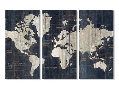 New- The World Map Blue Triptych Canvas Wall Art Set - 3 Pieces, 16"x32" Each, Nautical Decor