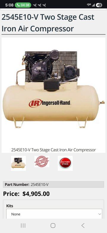 Ingersoll Rand 120 gallon, two stage, 35CFM, 175 psi, electric air compressor 230v