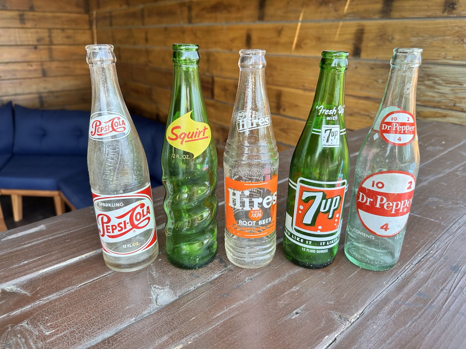 Vintage Soda Pop Bottles Lot of 5 - Pepsi Cola, Squirt, Hires Root Beer, 7UP, Dr. Pepper