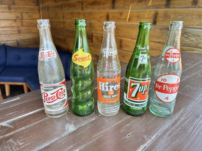 Vintage Soda Pop Bottles Lot of 5 - Pepsi Cola, Squirt, Hires Root Beer, 7UP, Dr. Pepper