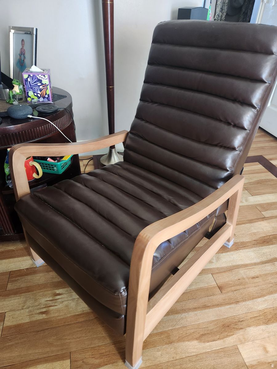 Modern Brown Leather Reclining Armchair with Wood Frame and Extendable Footrest