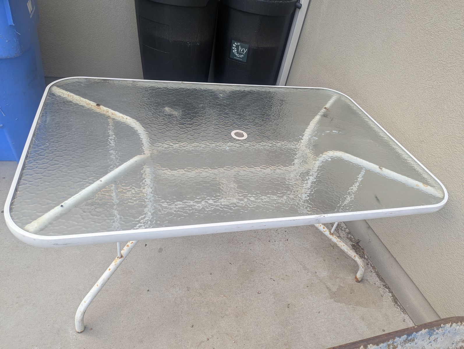 Glass Patio Table, White Metal Frame, Outdoor Dining Table, Umbrella Hole
