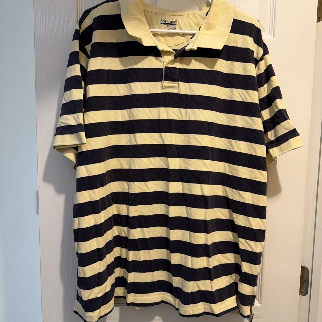 Basic Editions Men's 3XL fits like XL Yellow & Navy Striped Short Sleeve Polo Shirt 100% Cotton