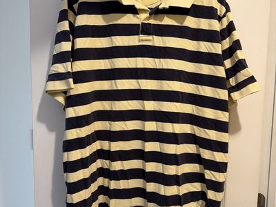Basic Editions Men's 3XL fits like XL Yellow & Navy Striped Short Sleeve Polo Shirt 100% Cotton