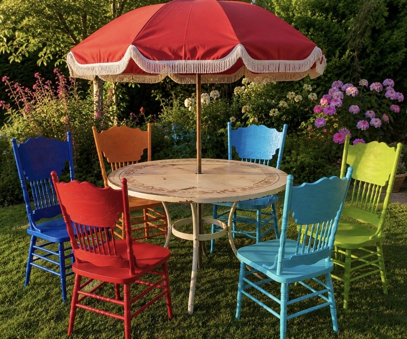Set of 6 Vintage Painted Wooden Dining Chairs - Eclectic, Colorful, Cottagecore Style