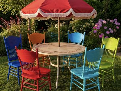 Set of 6 Vintage Painted Wooden Dining Chairs - Eclectic, Colorful, Cottagecore Style