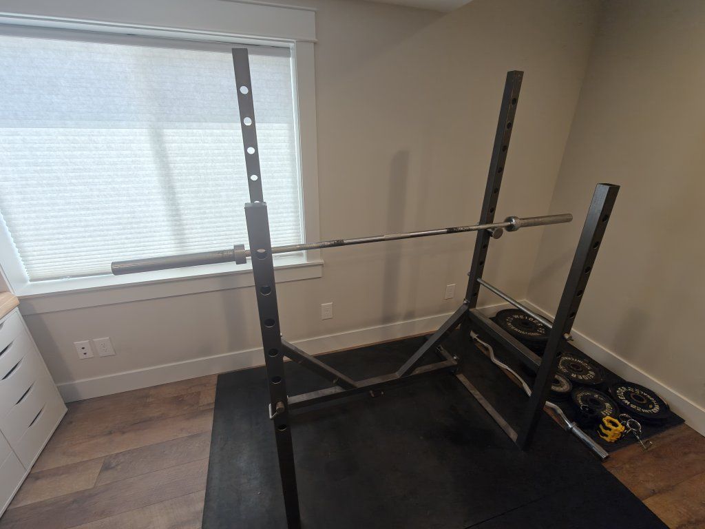 Squat Rack Set with Olympic Barbell, EZ Curl Bar, and Weider Weight Plates
