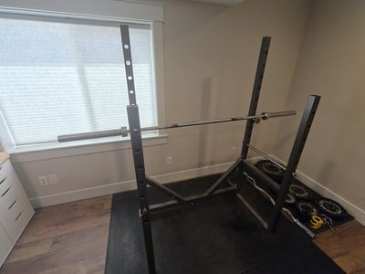 Squat Rack Set with Olympic Barbell, EZ Curl Bar, and Weider Weight Plates