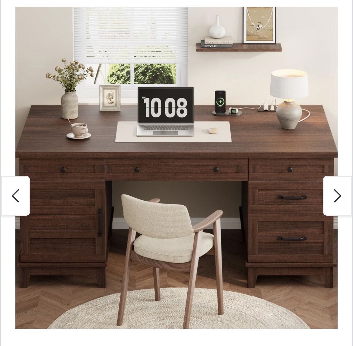 60-Inch Farmhouse Desk with Cabinet, Computer Desk with 5 Drawers & Adjustable Shelves, Multifunctional Office Desk - Brown