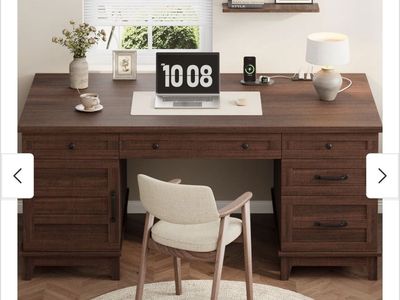 60-Inch Farmhouse Desk with Cabinet, Computer Desk with 5 Drawers & Adjustable Shelves, Multifunctional Office Desk - Brown