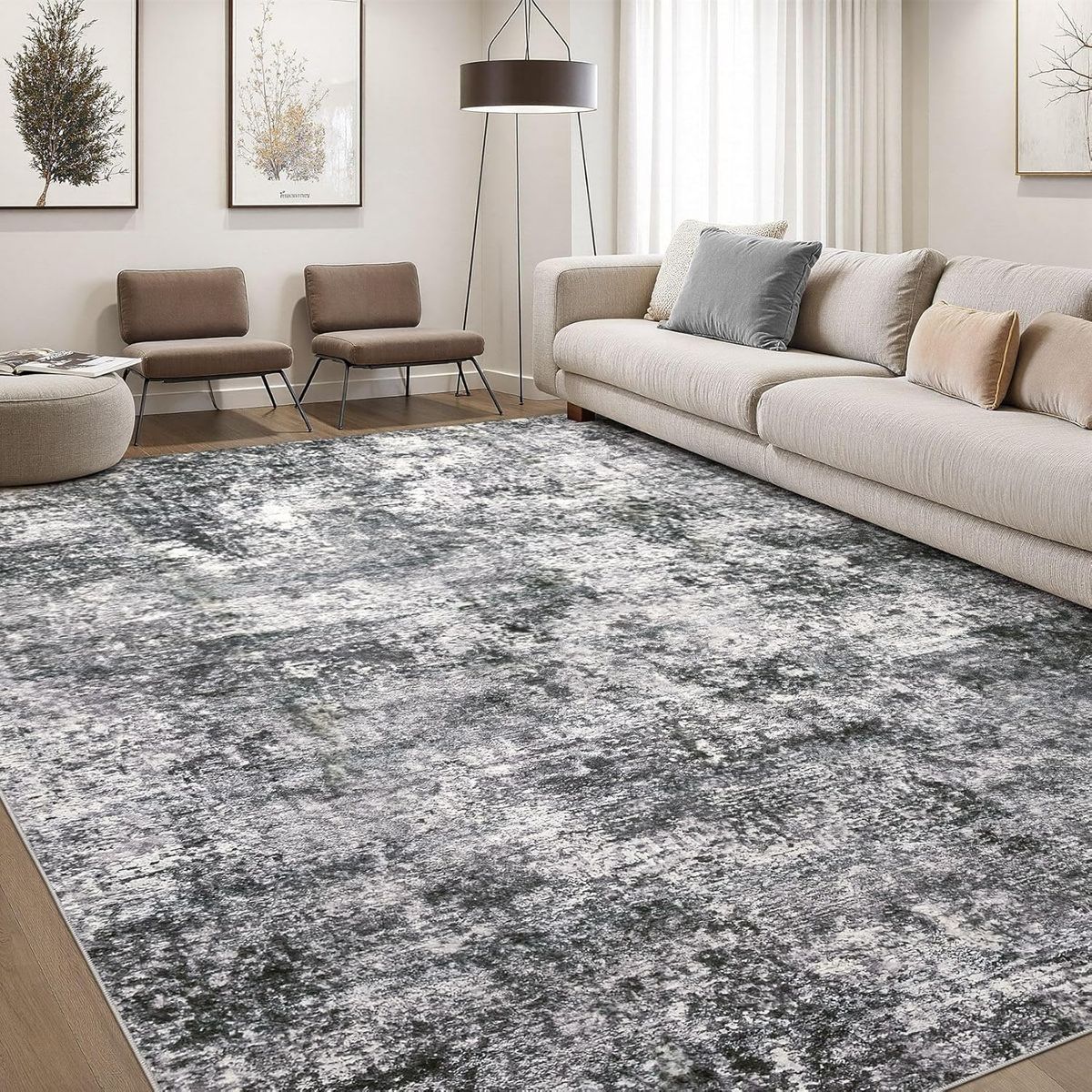 NEW 9x12 Large Soft Indoor Neutral Modern Abstract Low Pile Washable Rug Carpet, Grey