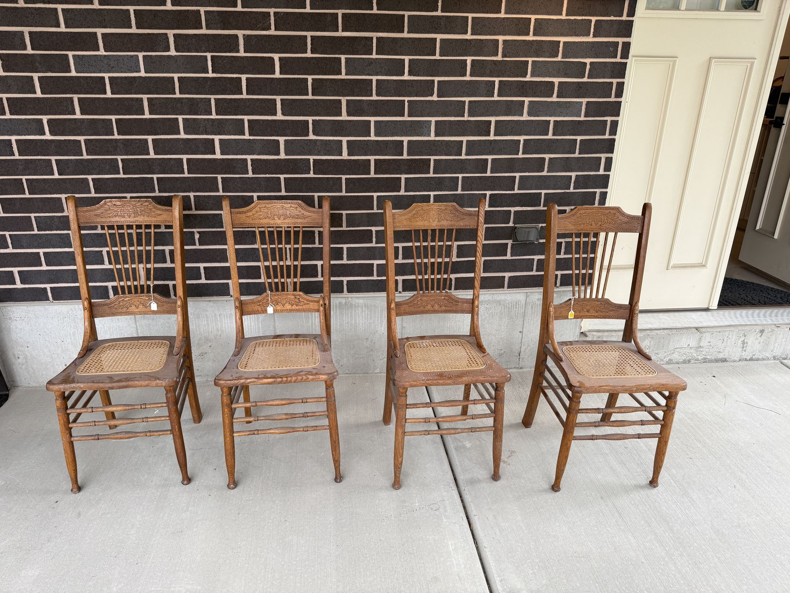 Set of 4 Antique Oak Dining Chairs - Intact Cane Seats
