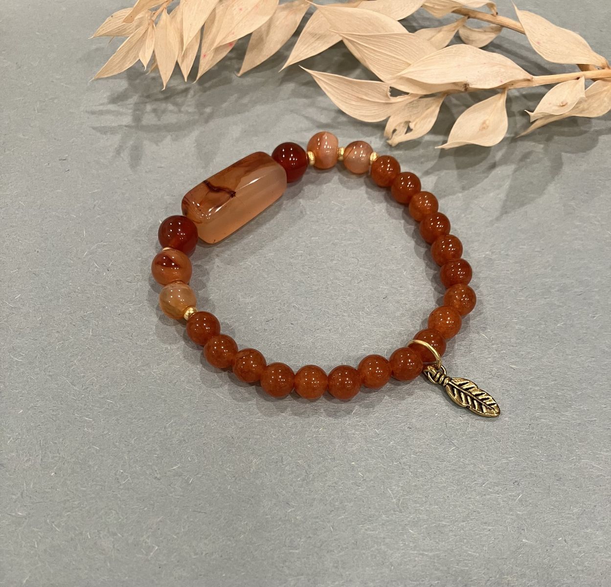 Handmade Carnelian Beaded Stretch Brass Feather Charm Bracelet