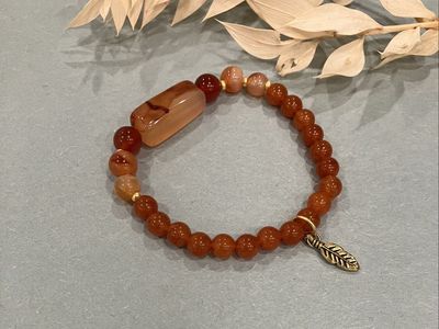 Handmade Carnelian Beaded Stretch Brass Feather Charm Bracelet
