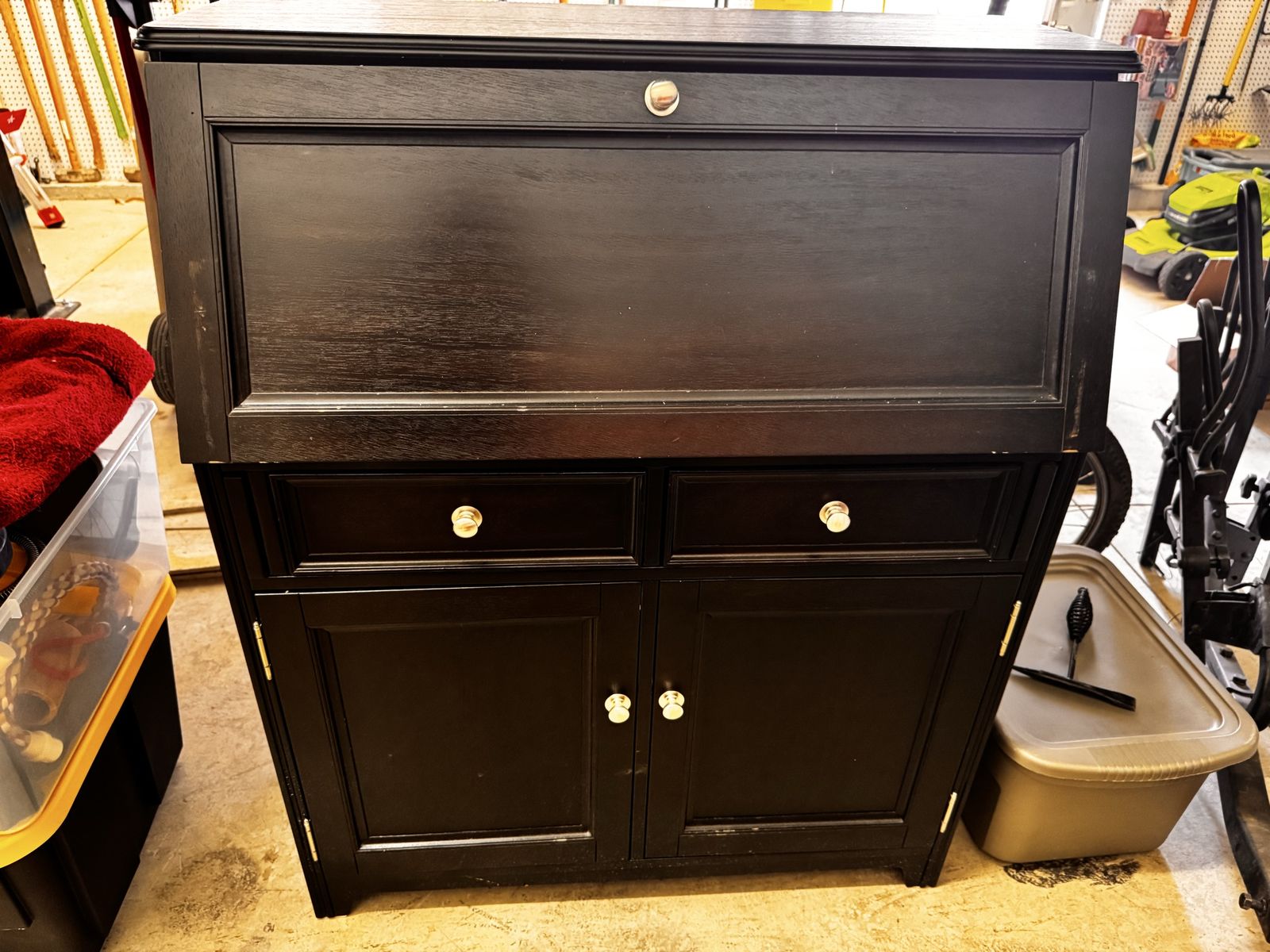 Black Wooden Drop-Front Secretary Desk with Drawers & Storage Cabinet