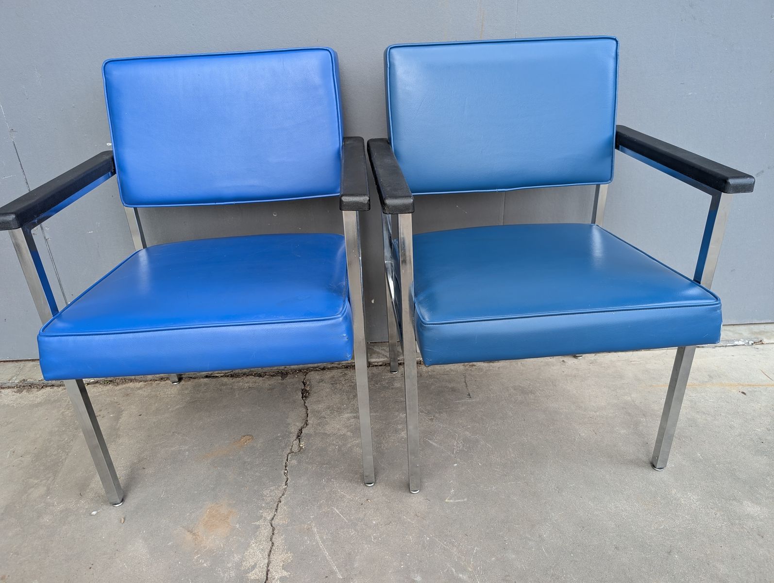 MCM Mid Century Modern Lounge Chairs - Blue Vinyl & Chrome - Set of 2