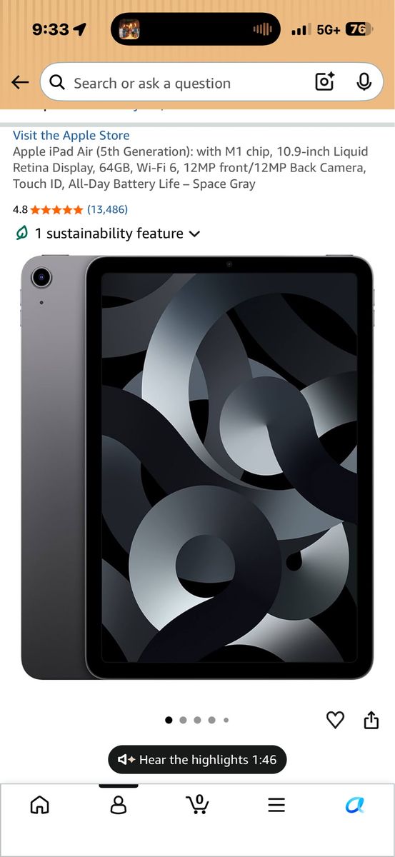 Apple iPad Air (5th Gen) M1 Chip, 10.9-inch Liquid Retina Display, 64GB, Wi-Fi 6, Space Gray