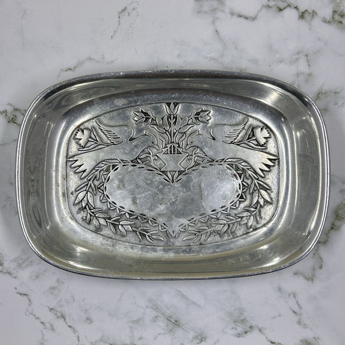 Vintage Metal Rectangular Dish / Tray - Heart and Dove Motif