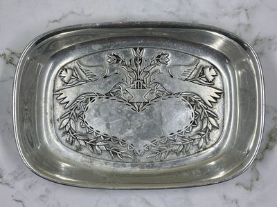 Vintage Metal Rectangular Dish / Tray - Heart and Dove Motif