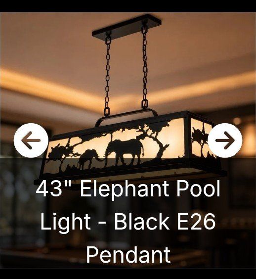 43" Elephant Safari Pool Table Light Fixture Matte Black Island Pendant (NEW)