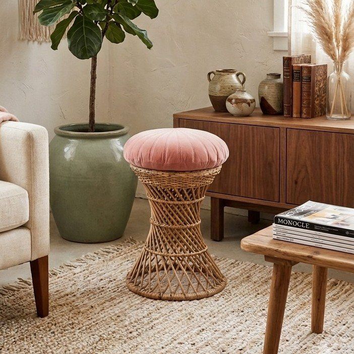 Wicker Rattan Stool with Cushion