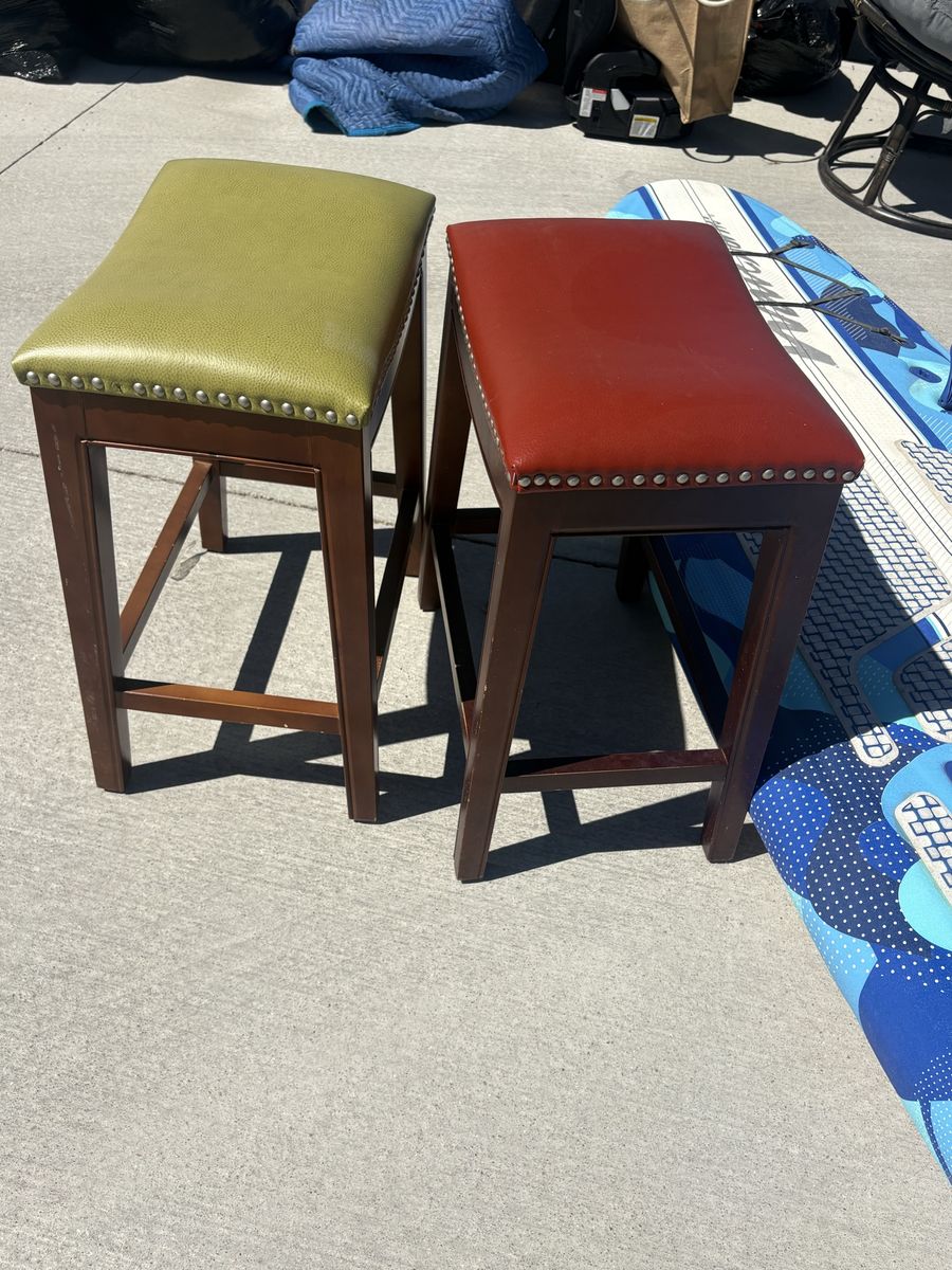 2 Upholstered Bar Stools - Red & Green Faux Leather, Wood Legs, Studded Trim