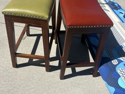 2 Upholstered Bar Stools - Red & Green Faux Leather, Wood Legs, Studded Trim