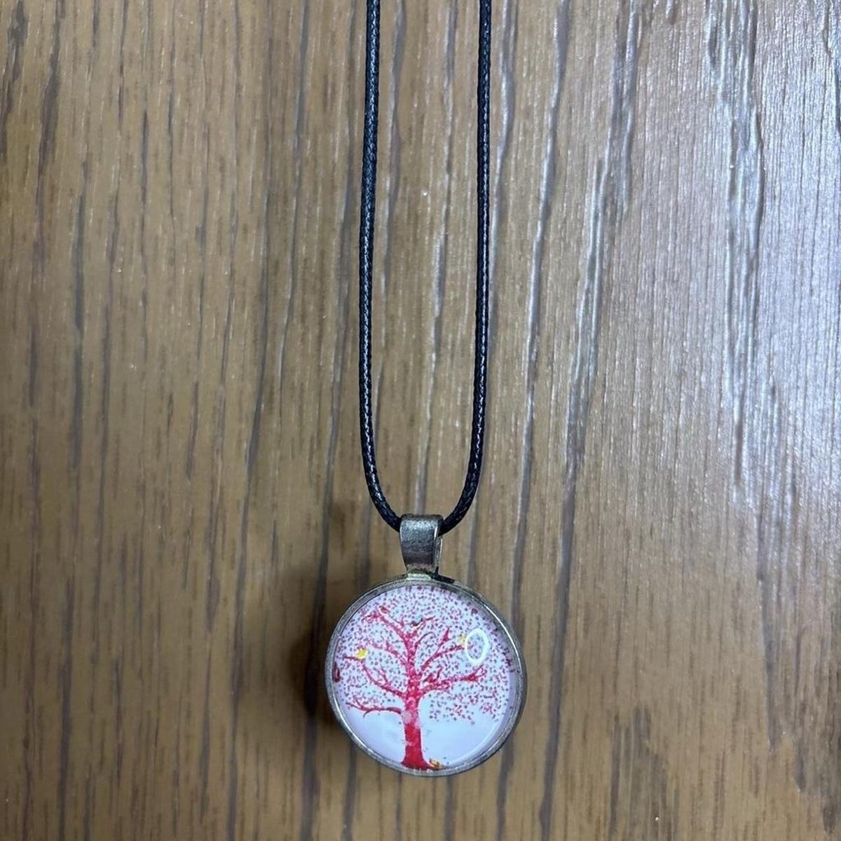 Pink Tree Round Pendant Necklace Adjustable Black Cord