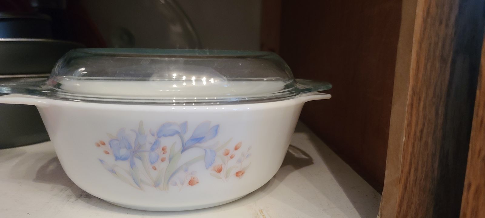 Rare PYREX Casserole Dish Blue Iris Flowers 