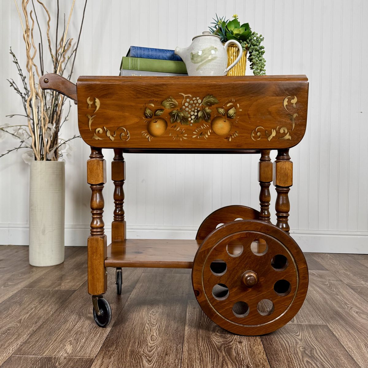 Vintage Hand-Painted Drop-Leaf Tea Cart / Bar Cart