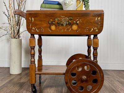 Vintage Hand-Painted Drop-Leaf Tea Cart / Bar Cart