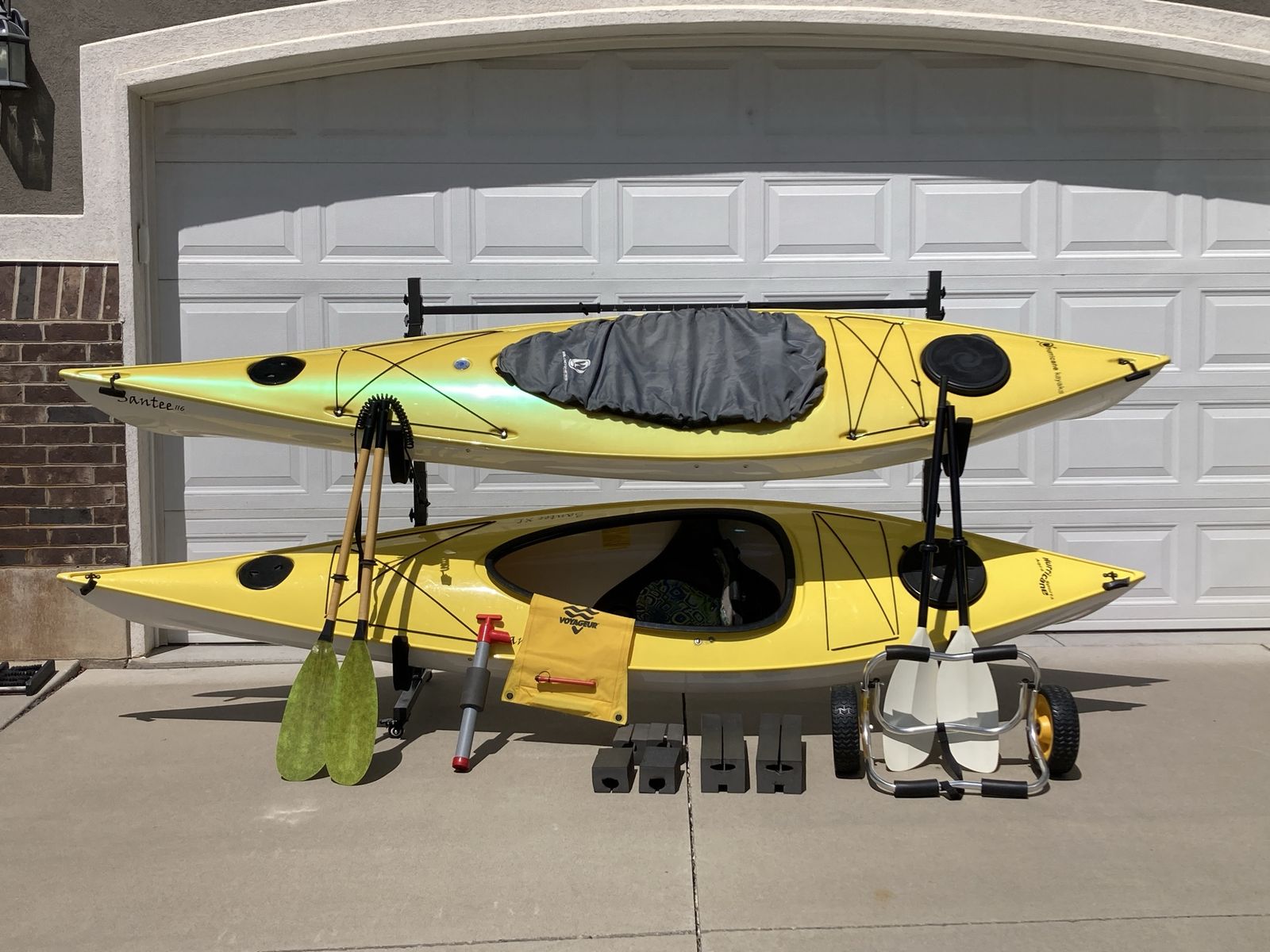 Santee 116 Kayaks (2) with Storage Rack, Paddles, & Accessories - Ready for Water Fun