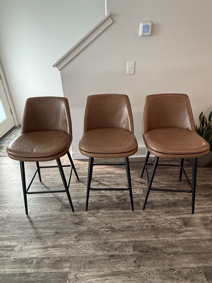 Set of 3 Cognac Brown Counter/Bar Stools