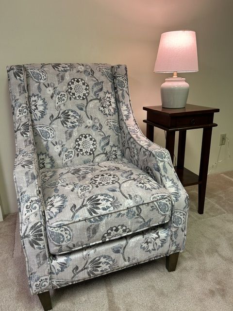 Blue/Gray Floral Pattern Accent Chair with Wooden Legs