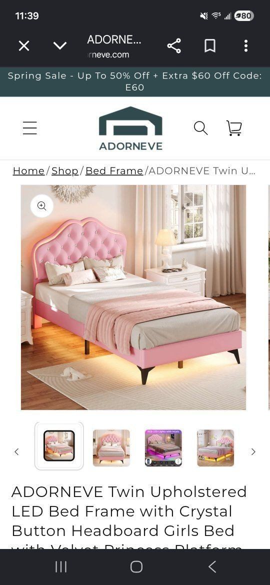 Twin** Pink Upholstered Platform Bed Frame w/Lights**