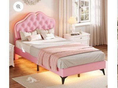 Twin** Pink Upholstered Platform Bed Frame w/Lights**