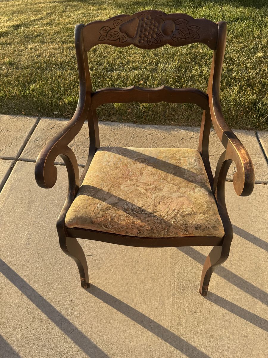 Vintage Hand-Carved Wood Accent Chair with Tapestry Upholstery - Ornate Grape Design