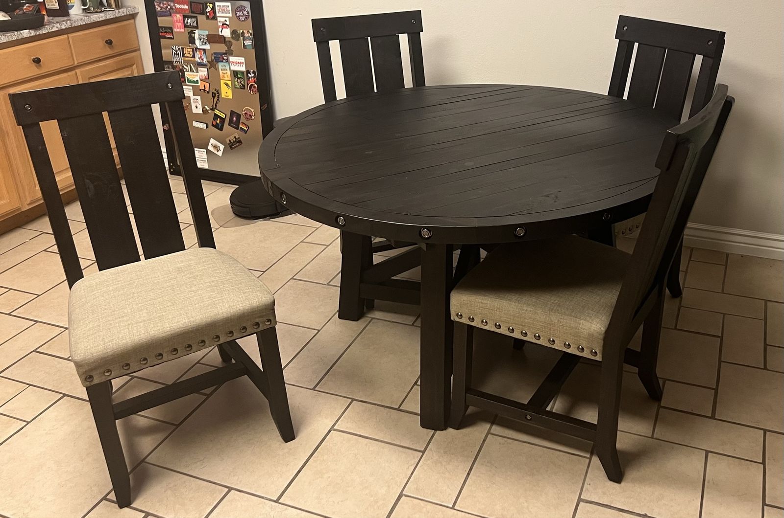 Extendable Round Black Wood Dining Table Set with 4 Upholstered Nailhead Trim Chairs - Rustic Style