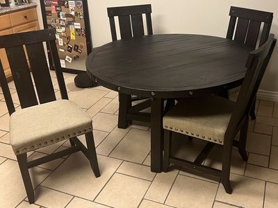 Extendable Round Black Wood Dining Table Set with 4 Upholstered Nailhead Trim Chairs - Rustic Style
