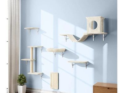 NUNU LAB 6-Piece Luxury Wall-Mounted Cat Climber Set - Condos, Shelves, Scratching, Bridge, Beige